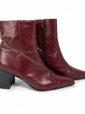 TRANSIT Women’s Burgundy Pointed Toe Ankle Boots Block Heel Side Zip Size 8.5